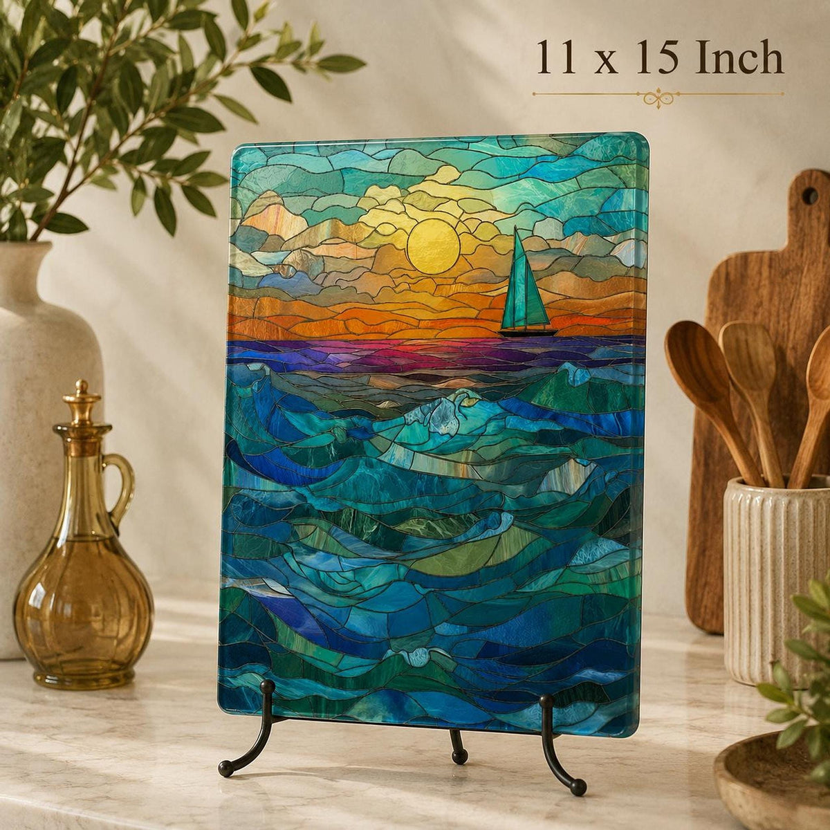 Glass Cutting Board, Tempered Surface with Ocean Sunset Sailboat Decor