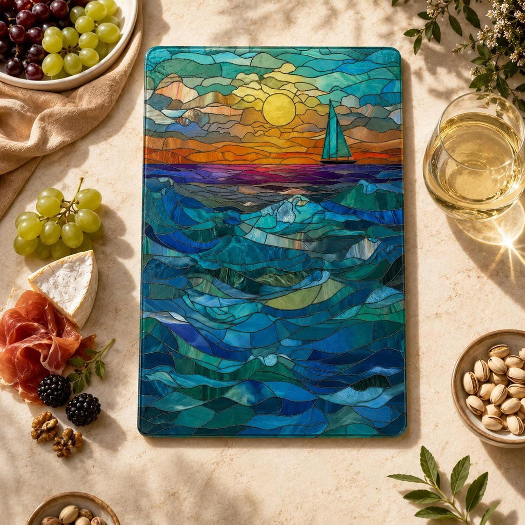 Glass Cutting Board, Tempered Surface with Ocean Sunset Sailboat Decor