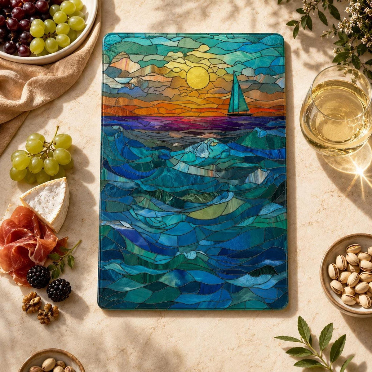 Glass Cutting Board, Tempered Surface with Ocean Sunset Sailboat Decor