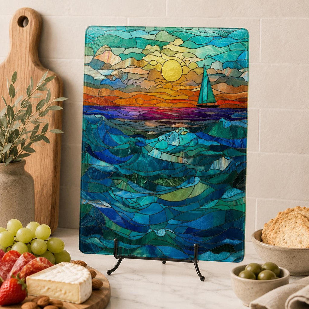 Glass Cutting Board, Tempered Surface with Ocean Sunset Sailboat Decor