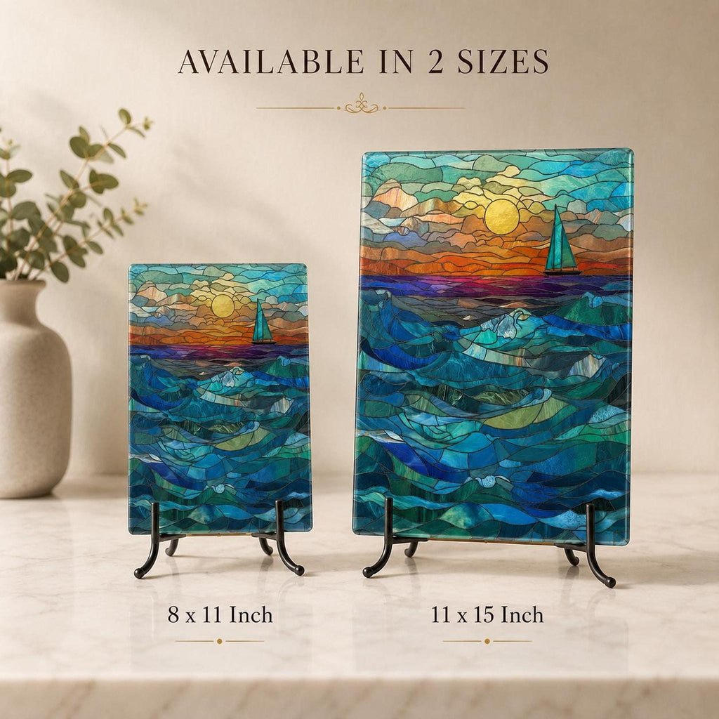 Glass Cutting Board, Tempered Surface with Ocean Sunset Sailboat Decor