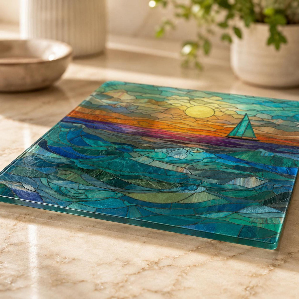 Glass Cutting Board, Tempered Surface with Ocean Sunset Sailboat Decor