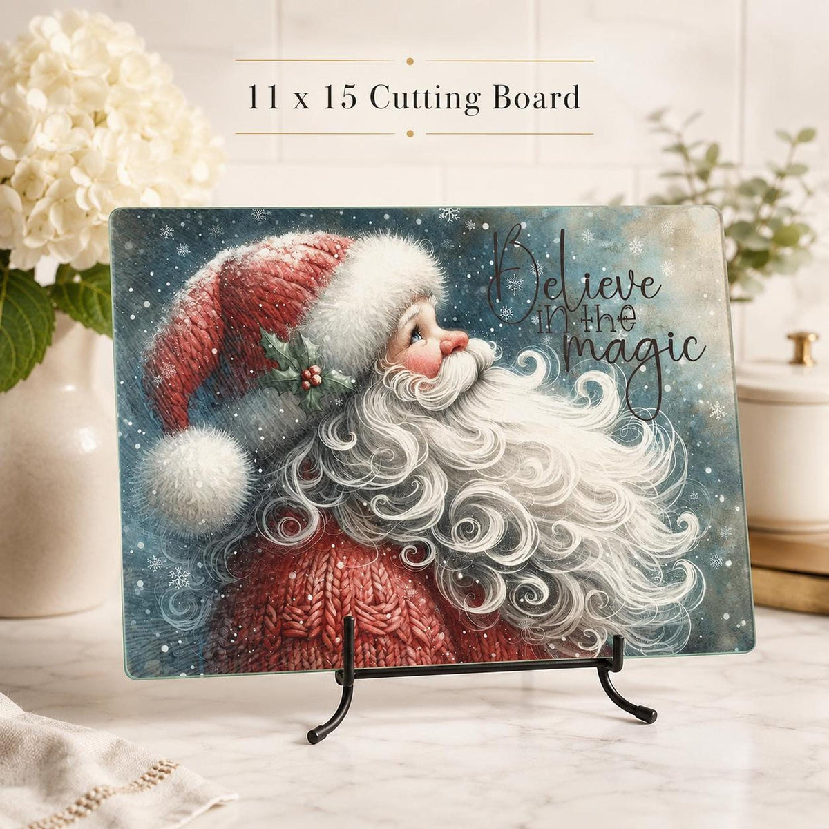Glass Cutting Board, Vintage Santa Christmas Kitchen Decor
