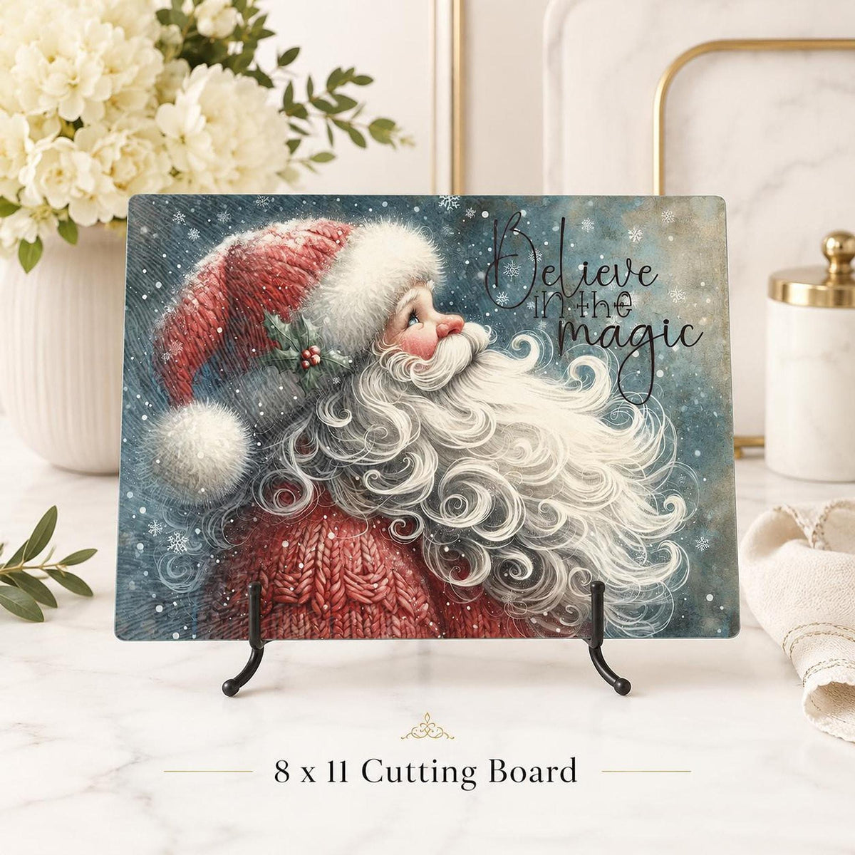 Glass Cutting Board, Vintage Santa Christmas Kitchen Decor