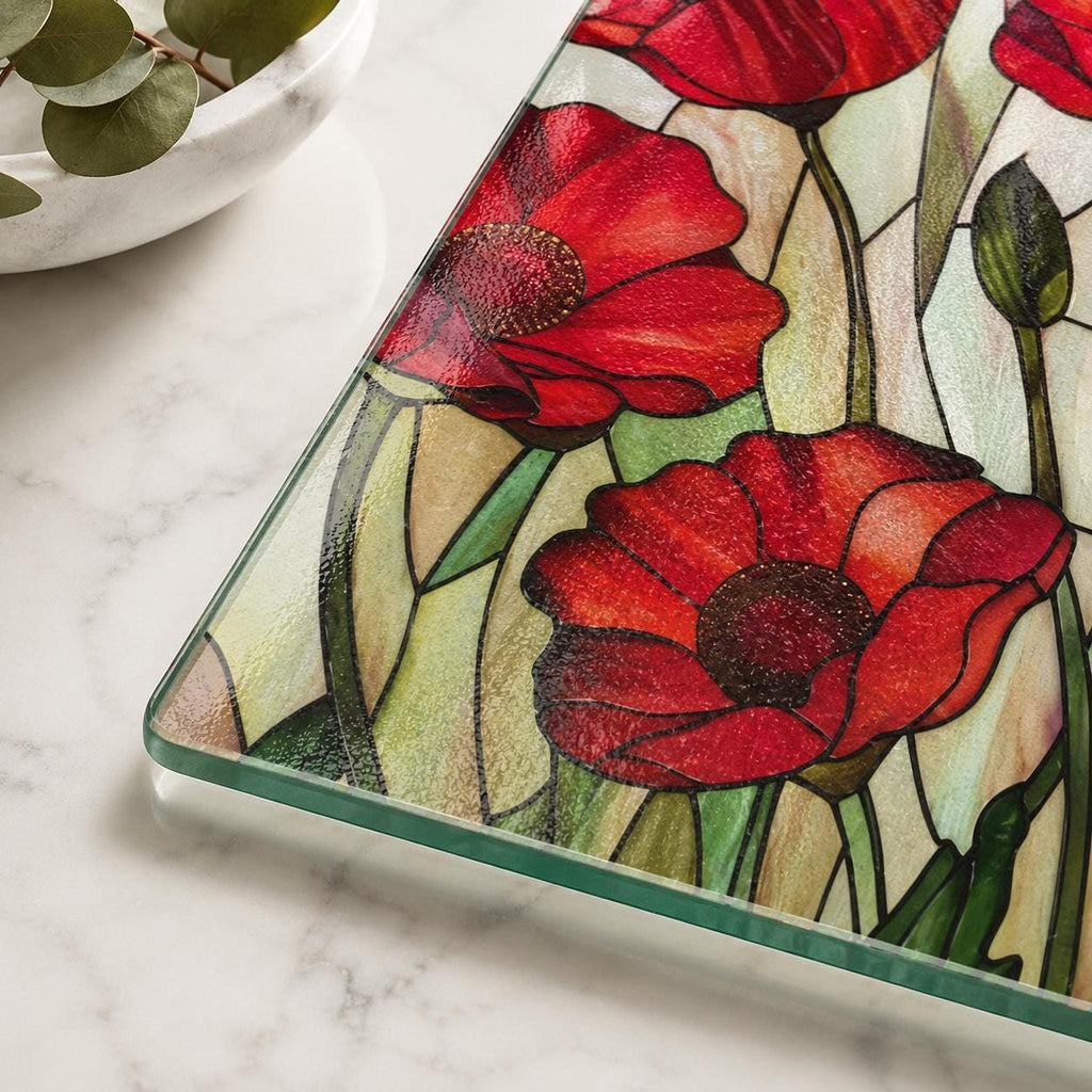 Glass Cutting Board, Red Poppy Floral Charcuterie Tray, Two Sizes
