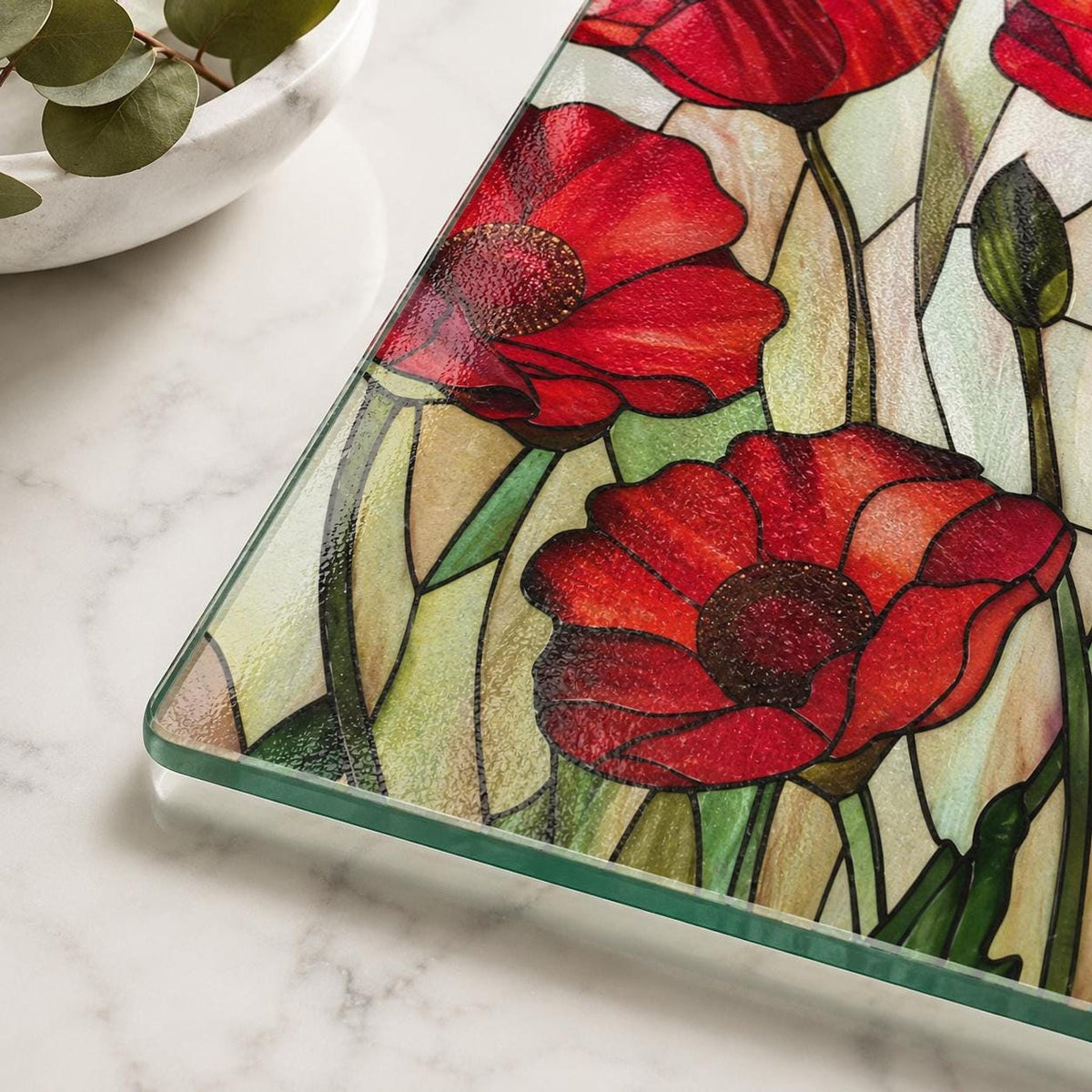 Glass Cutting Board, Red Poppy Floral Charcuterie Tray, Two Sizes