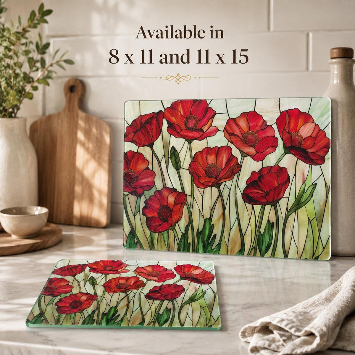 Glass Cutting Board, Red Poppy Floral Charcuterie Tray, Two Sizes
