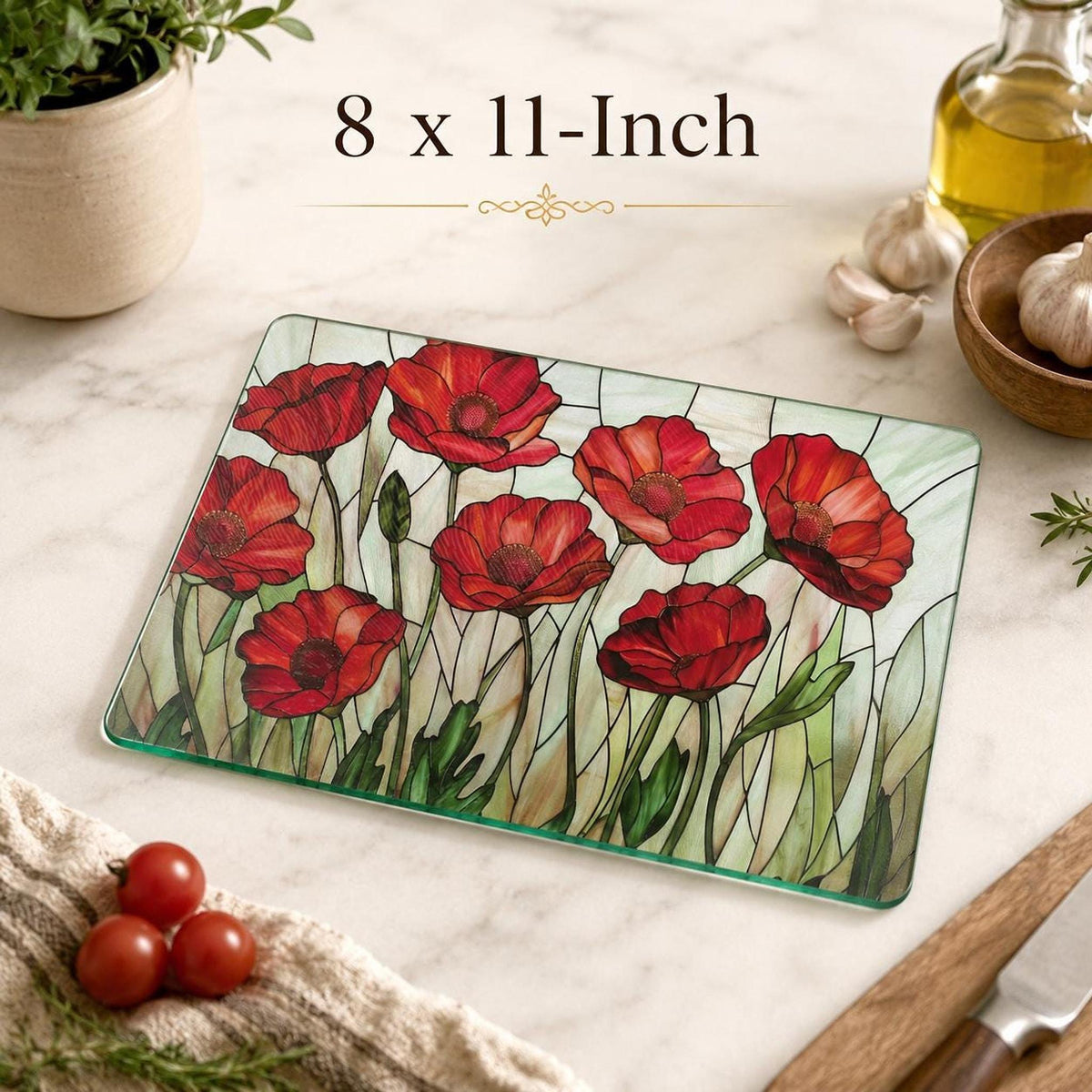 Glass Cutting Board, Red Poppy Floral Charcuterie Tray, Two Sizes