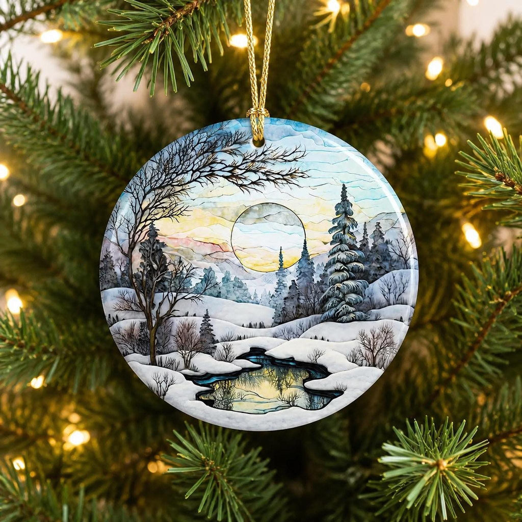 Ceramic Ornament, Snowy Landscape Scene with Personalized Reverse, Glossy White Finish