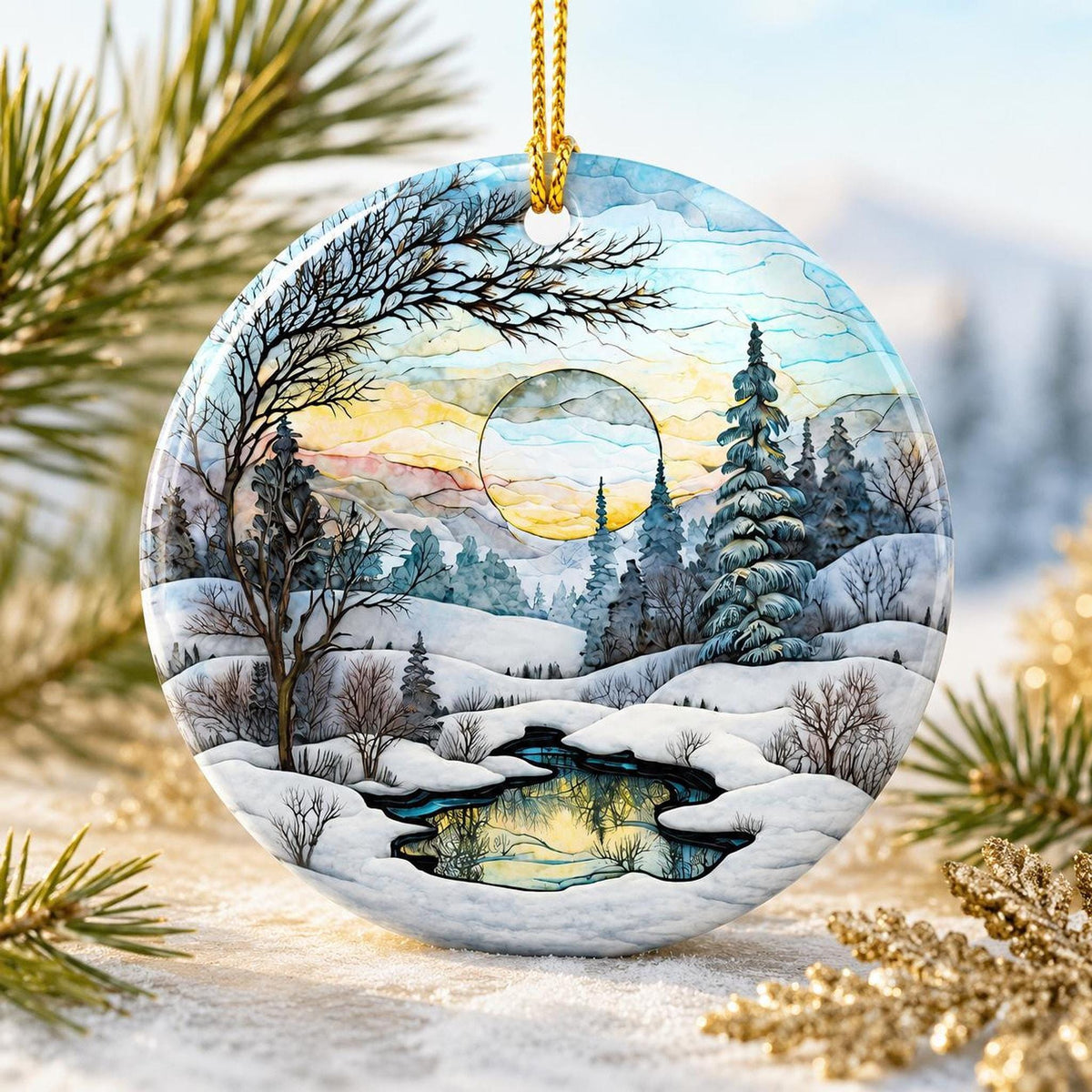 Ceramic Ornament, Snowy Landscape Scene with Personalized Reverse, Glossy White Finish