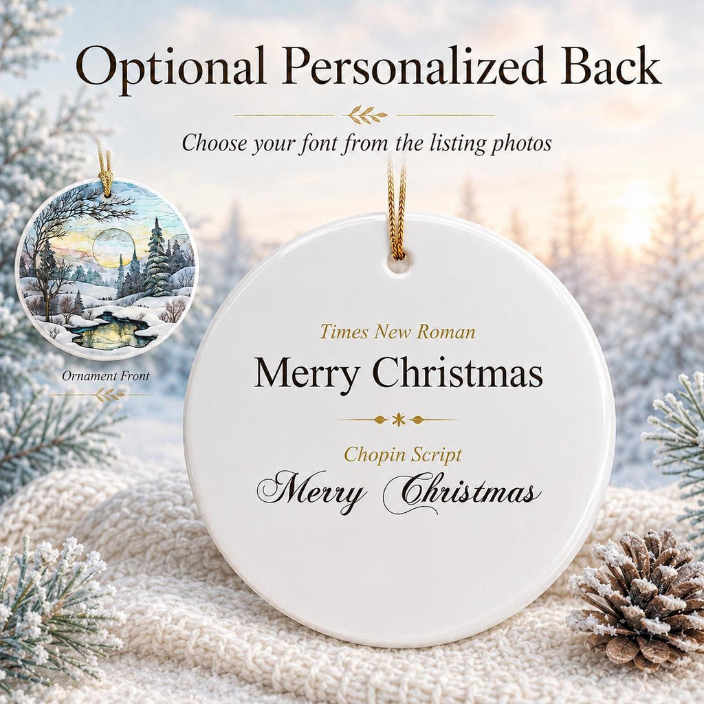Ceramic Ornament, Snowy Landscape Scene with Personalized Reverse, Glossy White Finish