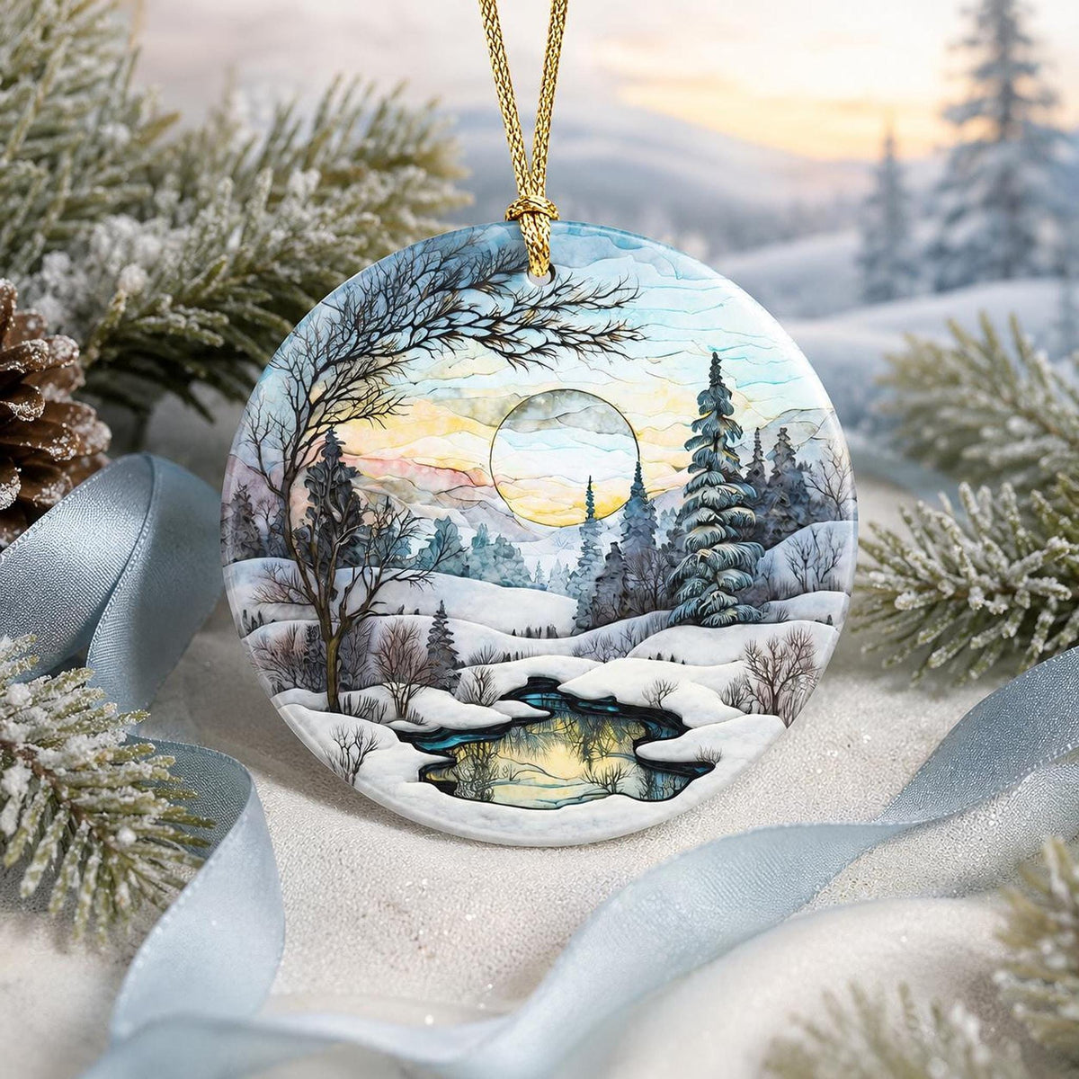 Ceramic Ornament, Snowy Landscape Scene with Personalized Reverse, Glossy White Finish