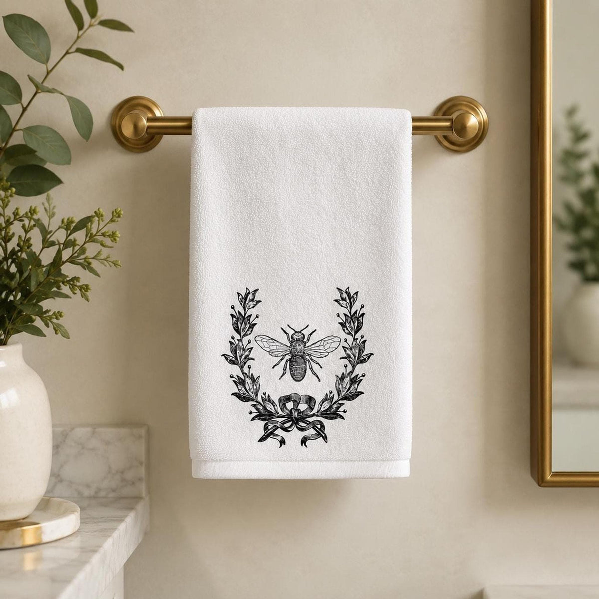 Farmhouse Towel, Vintage Bee Botanical Print, 11 x 18 Inch Cotton Terry Back