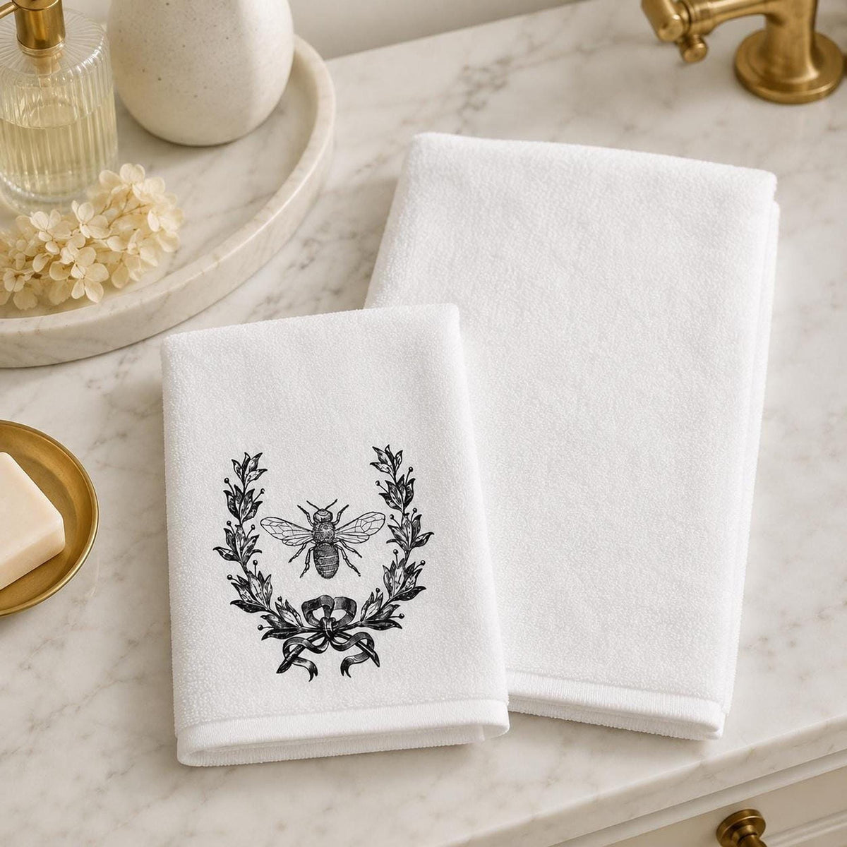 Farmhouse Towel, Vintage Bee Botanical Print, 11 x 18 Inch Cotton Terry Back