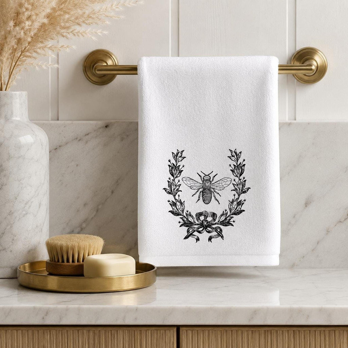 Farmhouse Towel, Vintage Bee Botanical Print, 11 x 18 Inch Cotton Terry Back