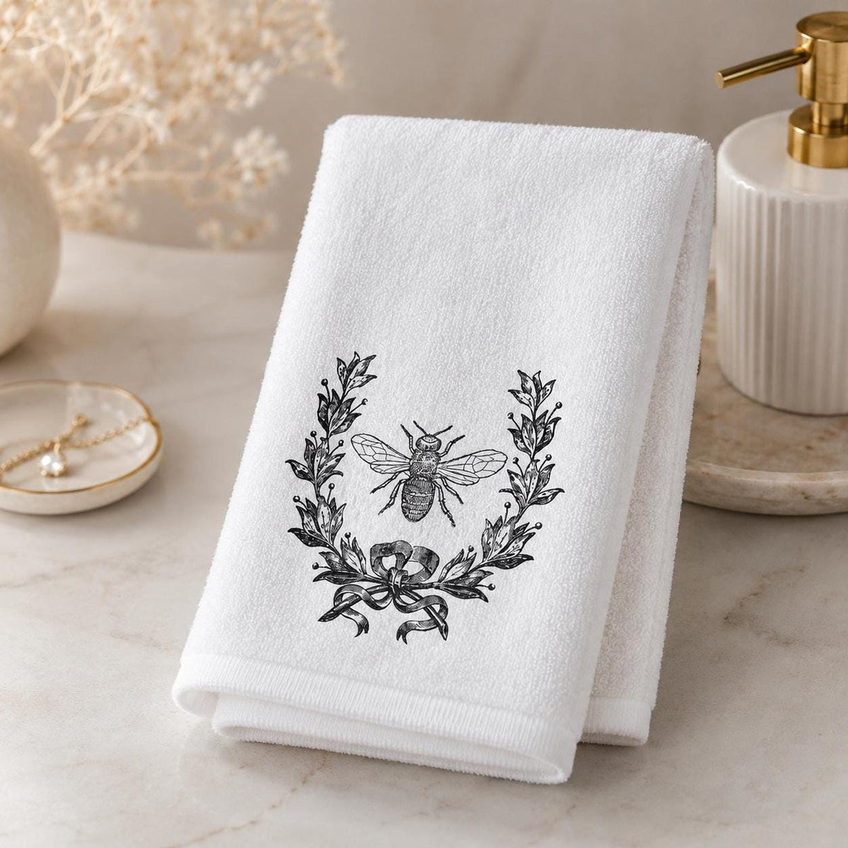 Farmhouse Towel, Vintage Bee Botanical Print, 11 x 18 Inch Cotton Terry Back