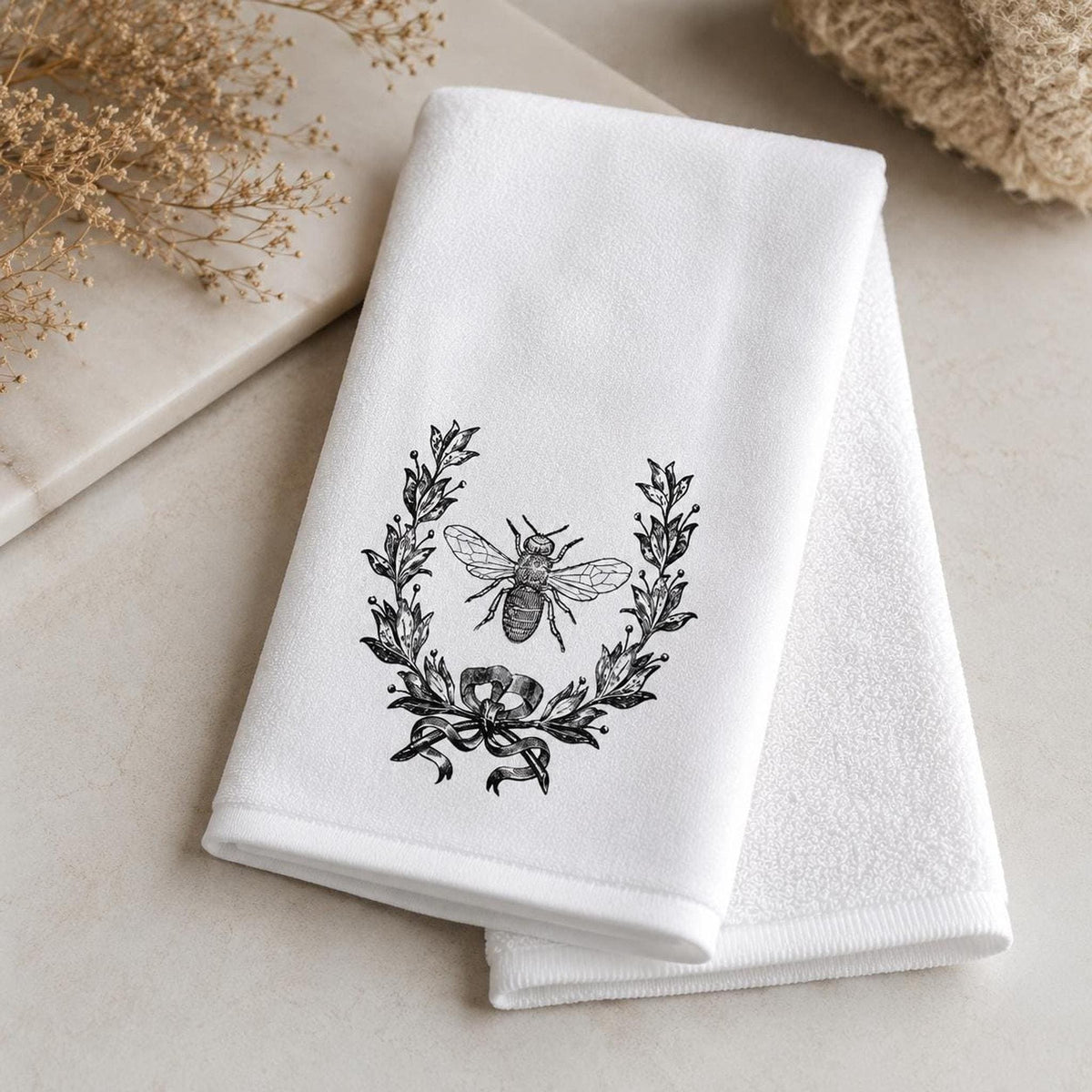 Farmhouse Towel, Vintage Bee Botanical Print, 11 x 18 Inch Cotton Terry Back