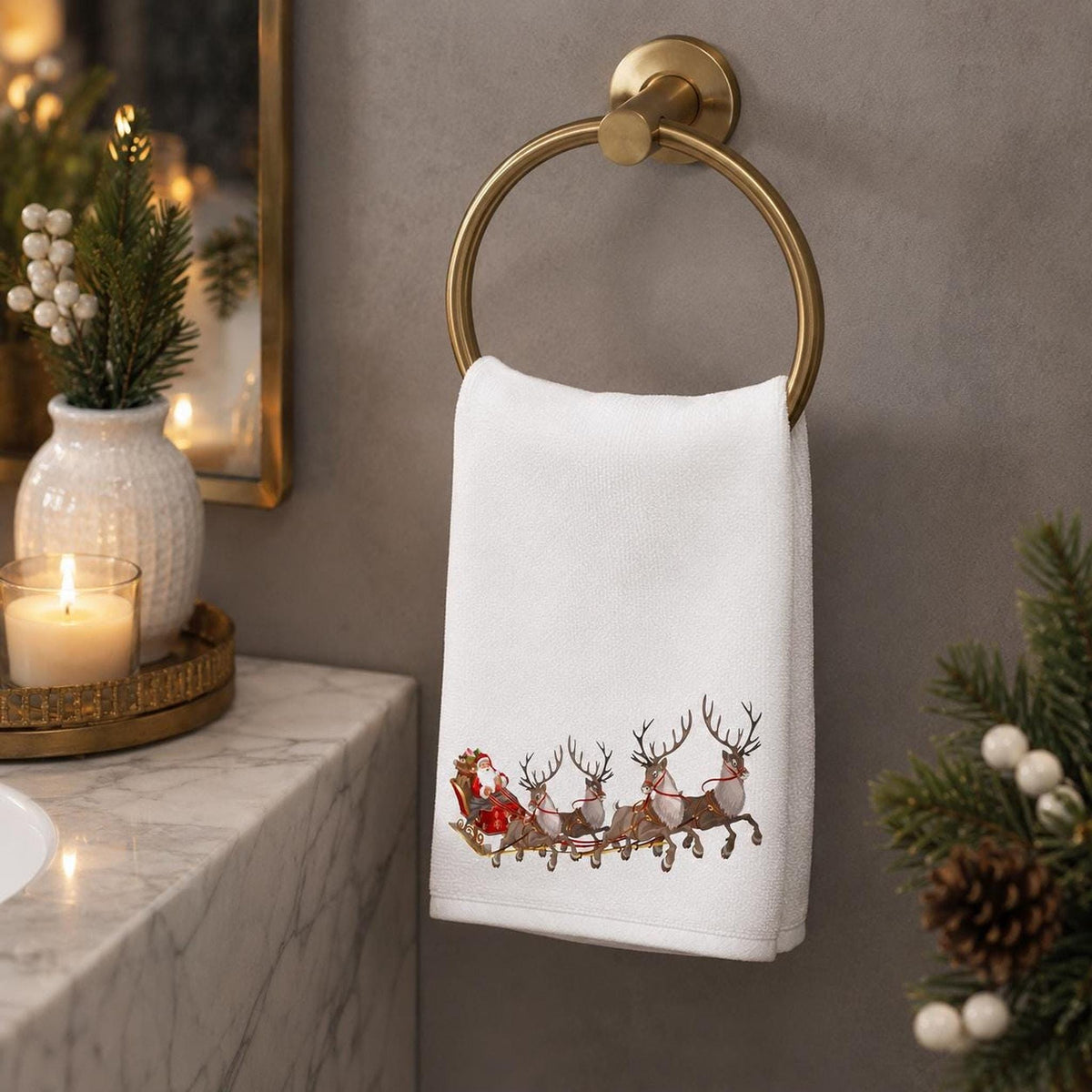 Fingertip Towel, Santa Sleigh Print with Cotton Terrycloth Back
