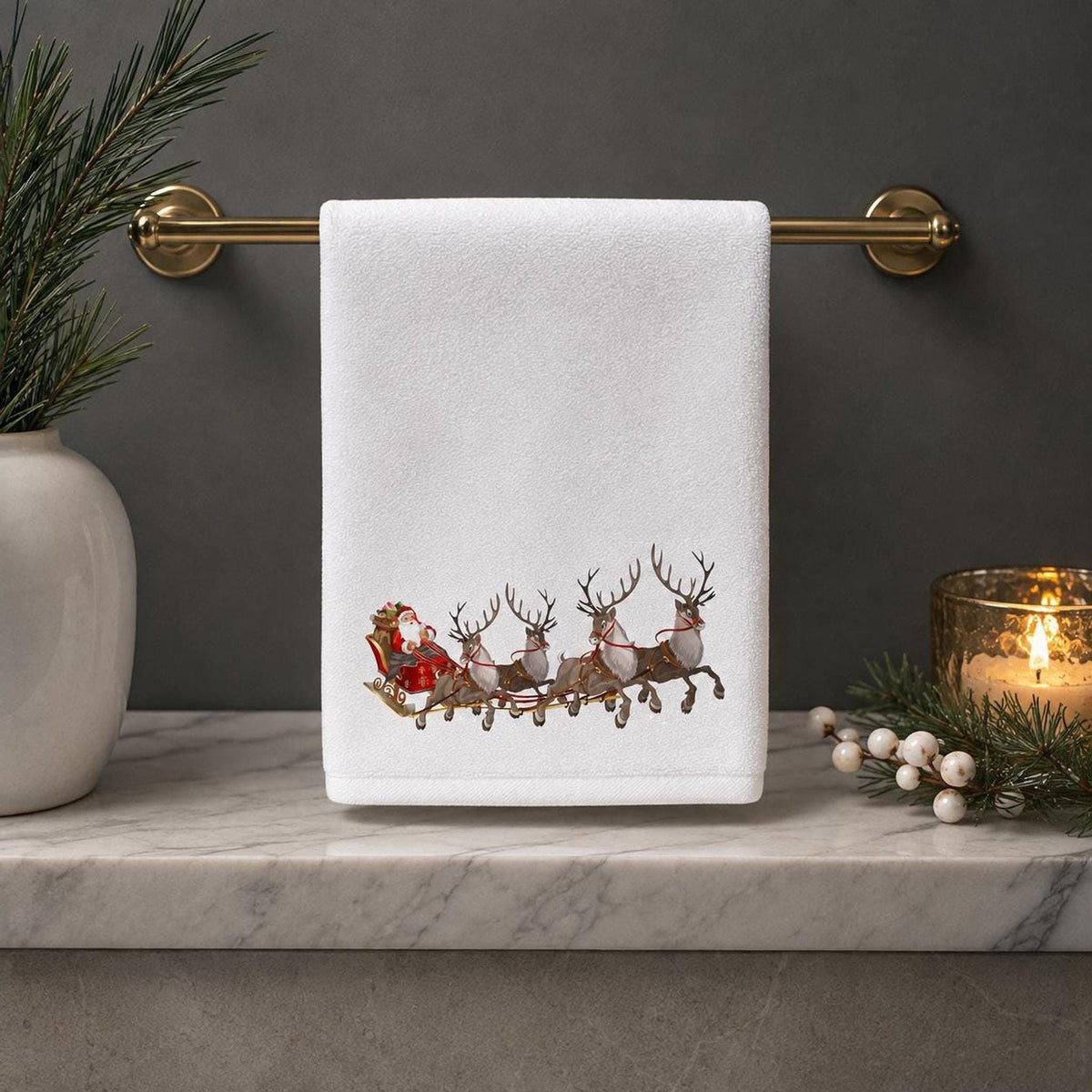 Fingertip Towel, Santa Sleigh Print with Cotton Terrycloth Back