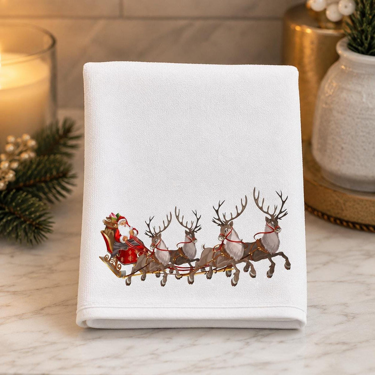Fingertip Towel, Santa Sleigh Print with Cotton Terrycloth Back