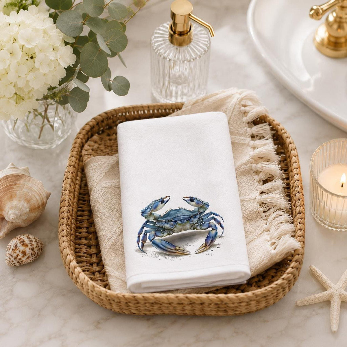 Powder Room Blue Crab Fingertip Towel, 11 x 18-Inch Coastal Bath Decor