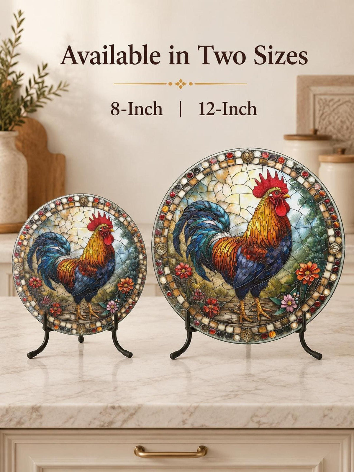 Glass Cutting Board, Rooster Charcuterie Tray, 8-Inch or 12-Inch Size
