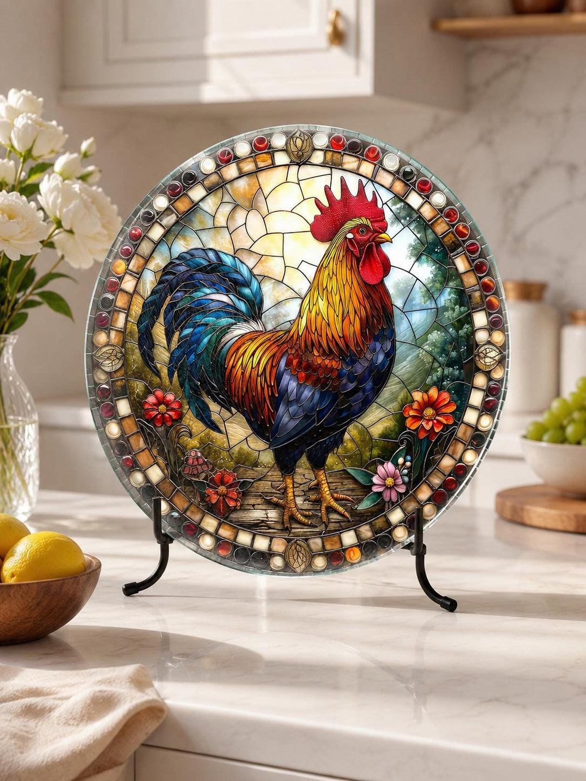 Glass Cutting Board, Rooster Charcuterie Tray, 8-Inch or 12-Inch Size