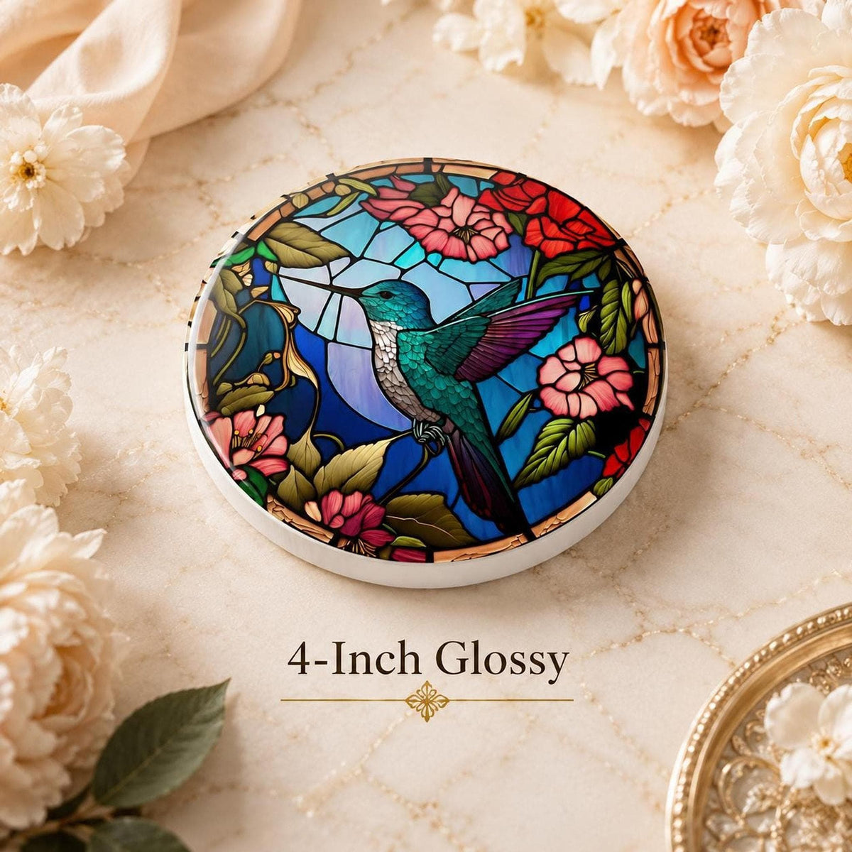Art Glass Bird Ceramic Coaster, Hummingbird Floral Design, Glossy Or Matte Finish