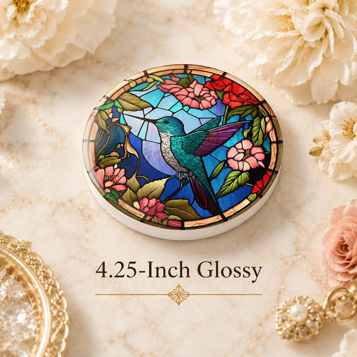 Art Glass Bird Ceramic Coaster, Hummingbird Floral Design, Glossy Or Matte Finish