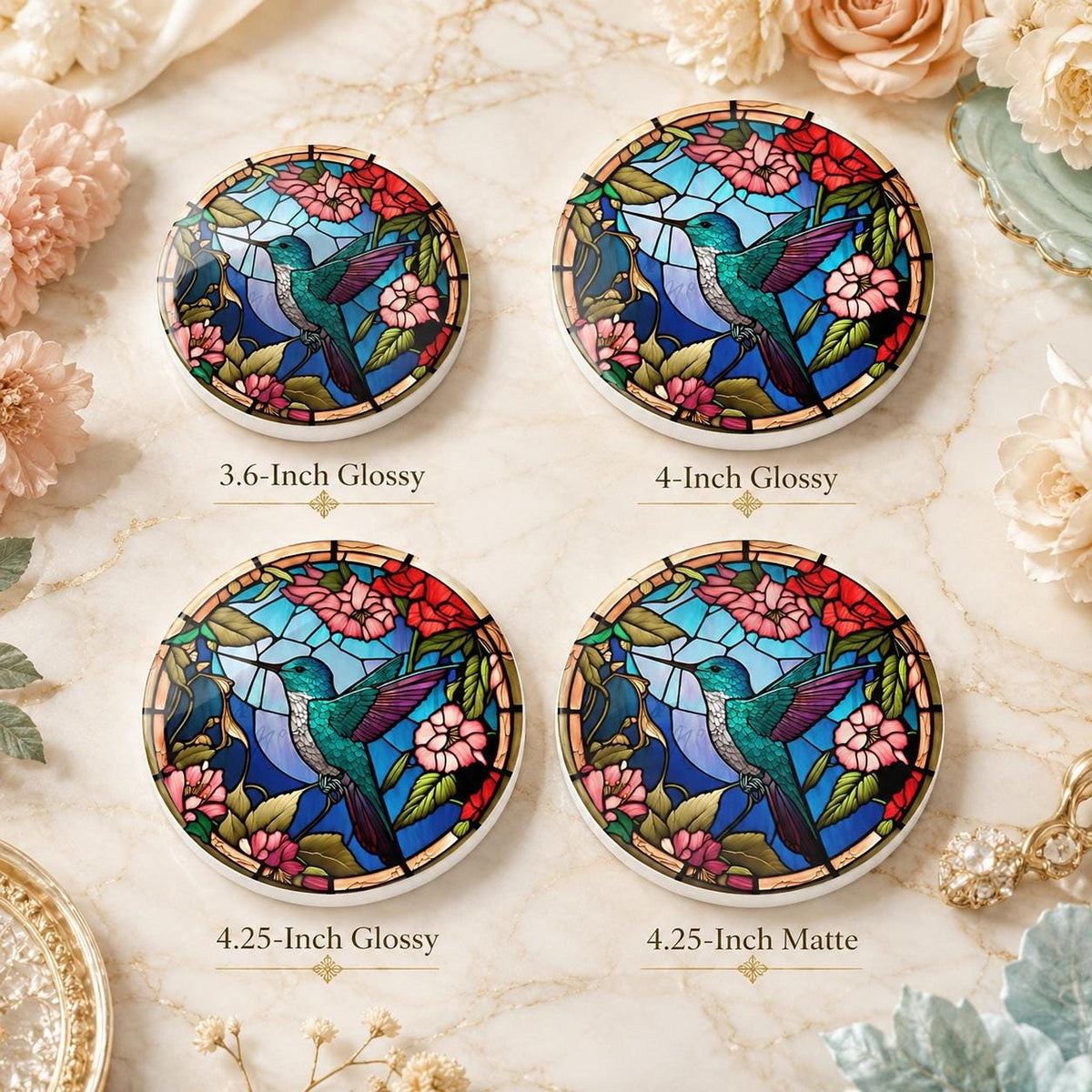 Art Glass Bird Ceramic Coaster, Hummingbird Floral Design, Glossy Or Matte Finish