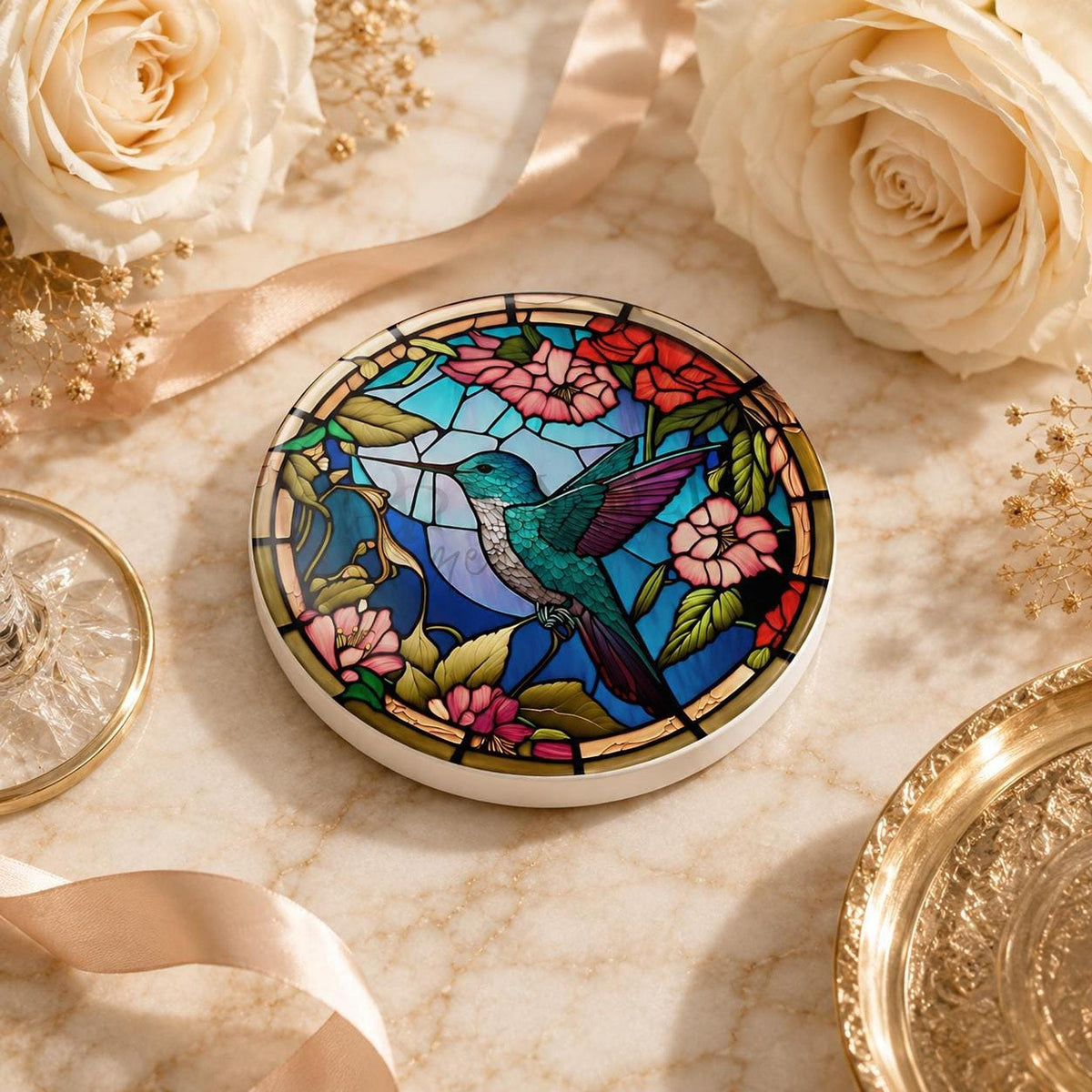 Art Glass Bird Ceramic Coaster, Hummingbird Floral Design, Glossy Or Matte Finish