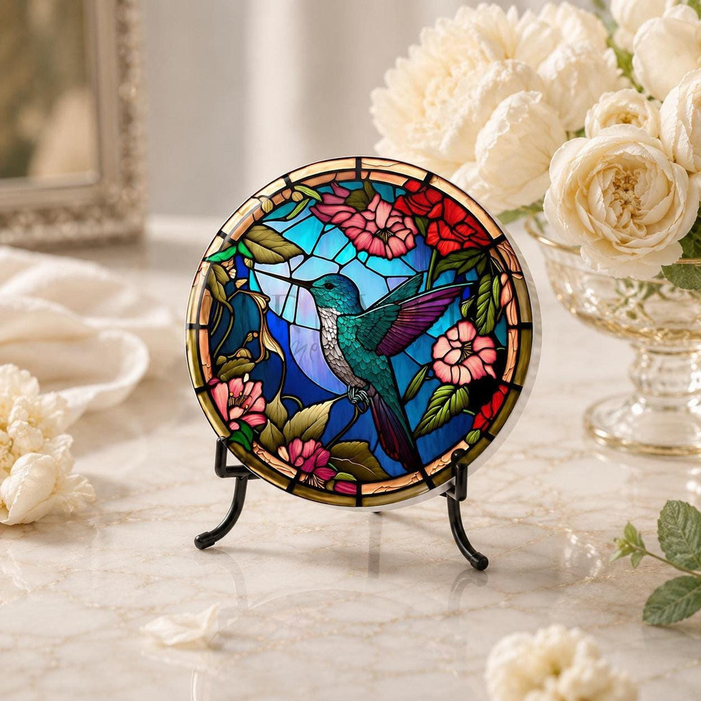 Art Glass Bird Ceramic Coaster, Hummingbird Floral Design, Glossy Or Matte Finish