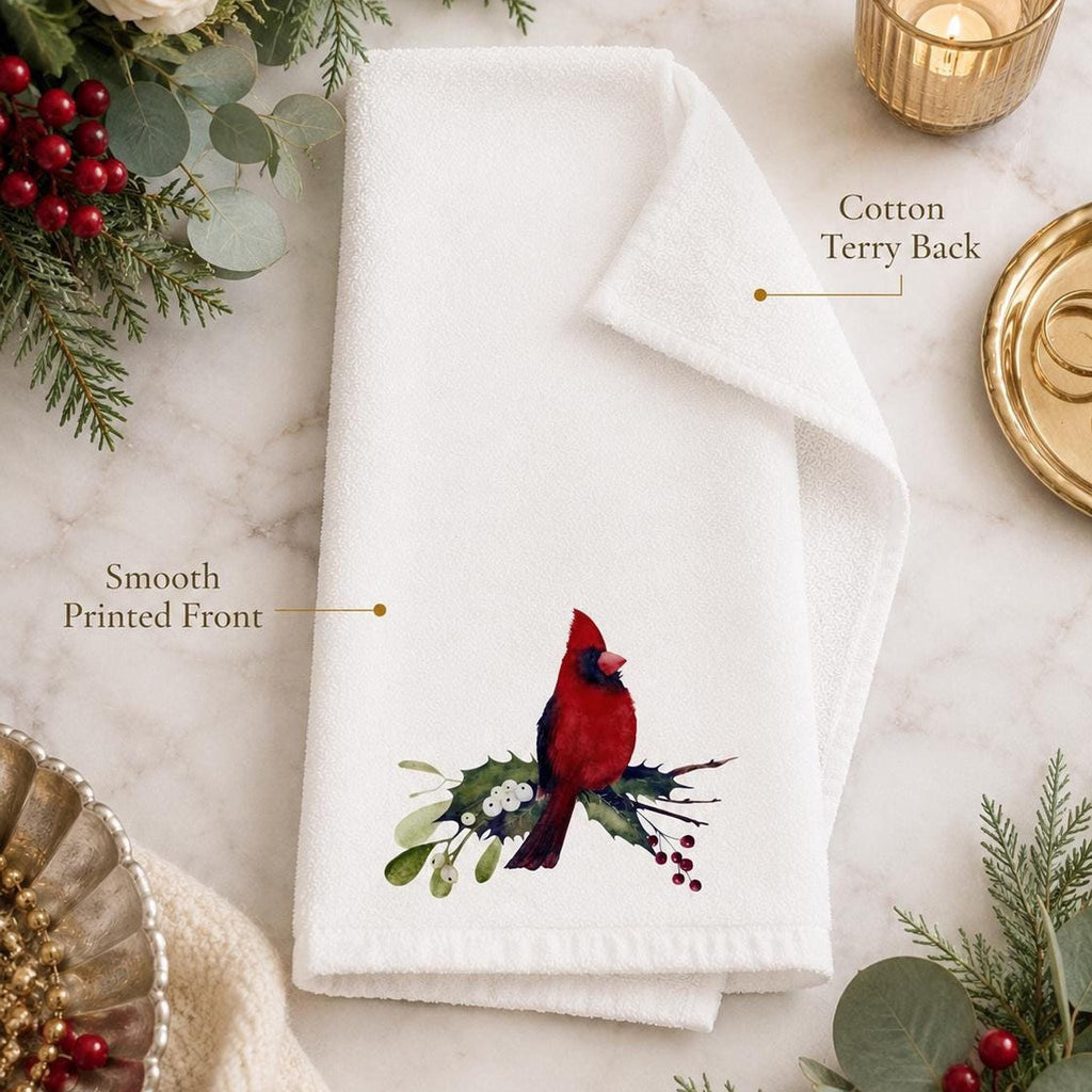 Cardinal Hand Towel, Sheared Polyester Front, Christmas Powder Room Decor