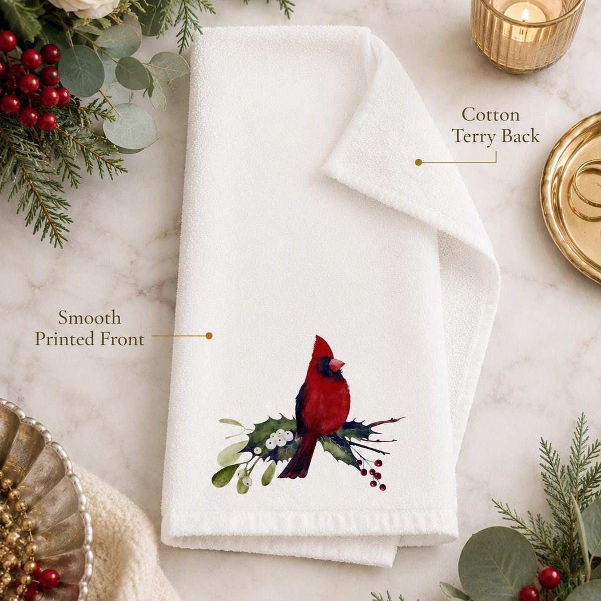 Cardinal Hand Towel, Sheared Polyester Front, Christmas Powder Room Decor