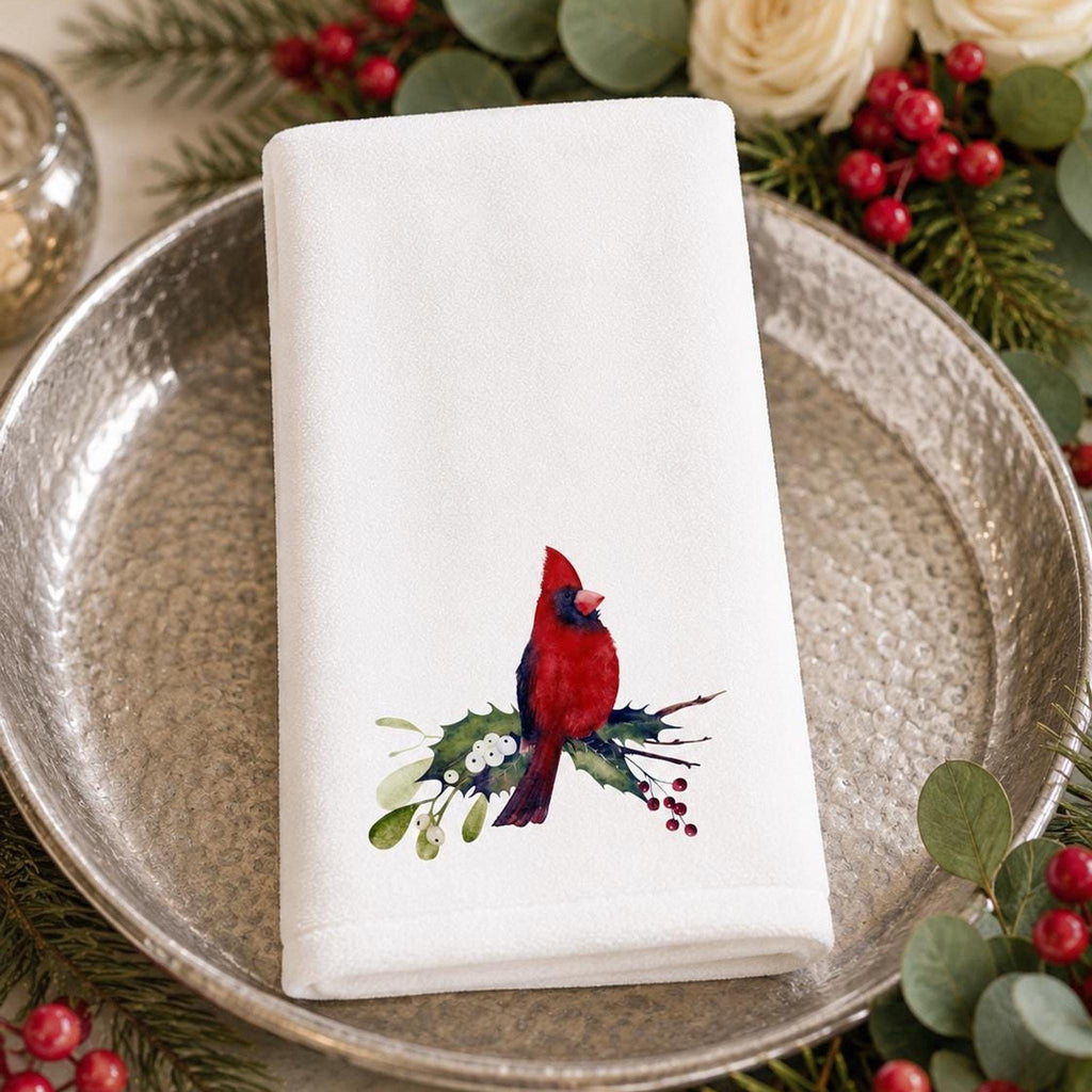 Cardinal Hand Towel, Sheared Polyester Front, Christmas Powder Room Decor