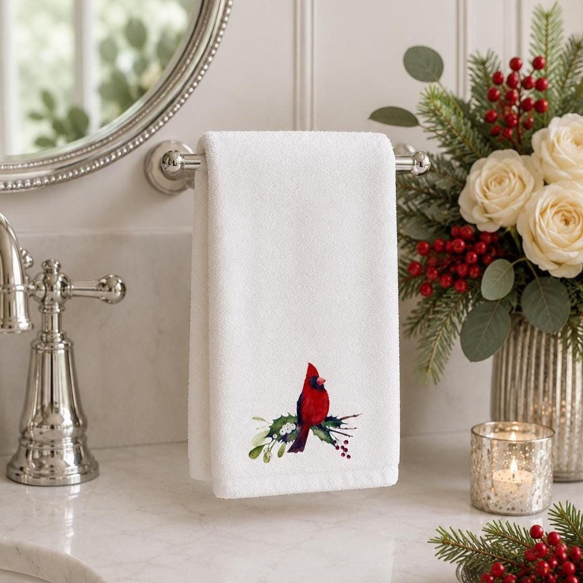 Cardinal Hand Towel, Sheared Polyester Front, Christmas Powder Room Decor