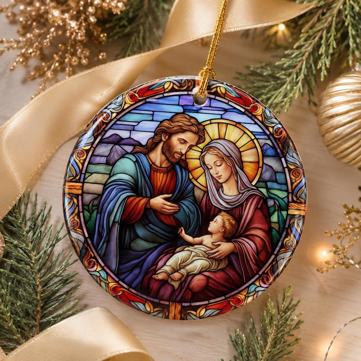 Nativity Ornament, Glossy Ceramic Christmas Keepsake with Optional Personalization
