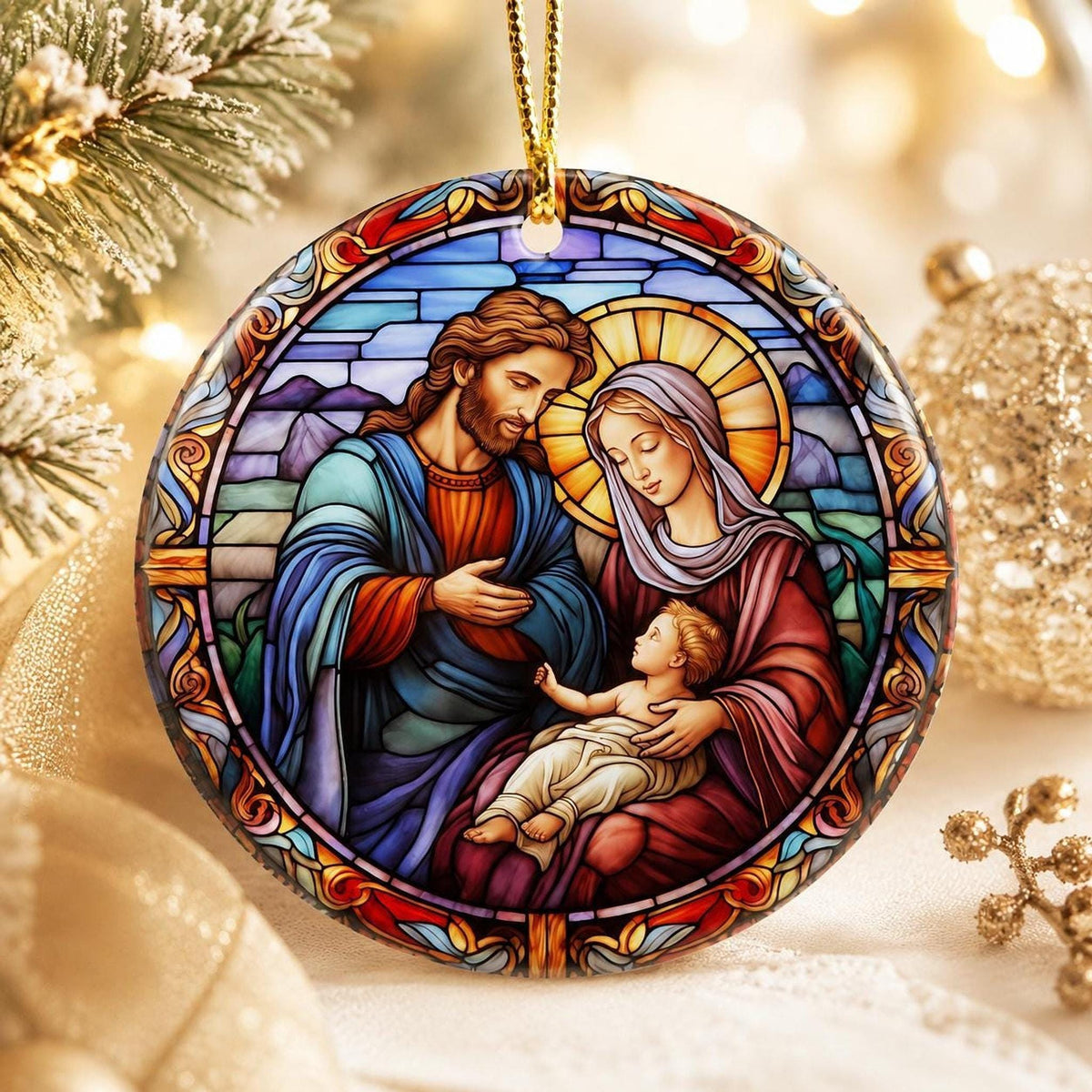 Nativity Ornament, Glossy Ceramic Christmas Keepsake with Optional Personalization