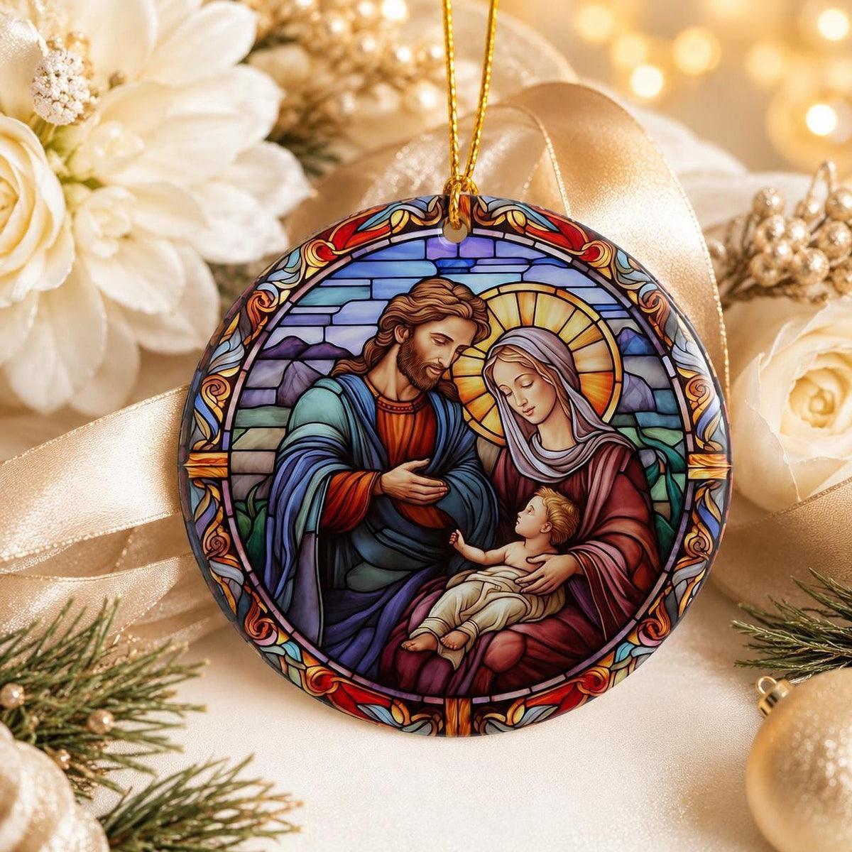 Nativity Ornament, Glossy Ceramic Christmas Keepsake with Optional Personalization