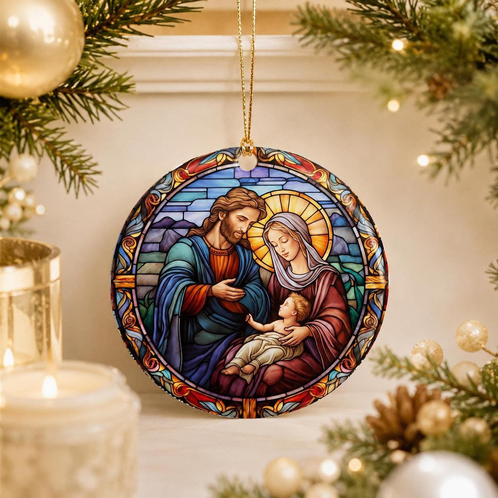 Nativity Ornament, Glossy Ceramic Christmas Keepsake with Optional Personalization