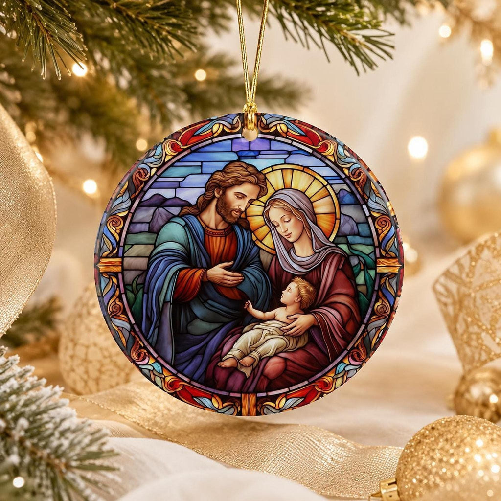 Nativity Ornament, Glossy Ceramic Christmas Keepsake with Optional Personalization