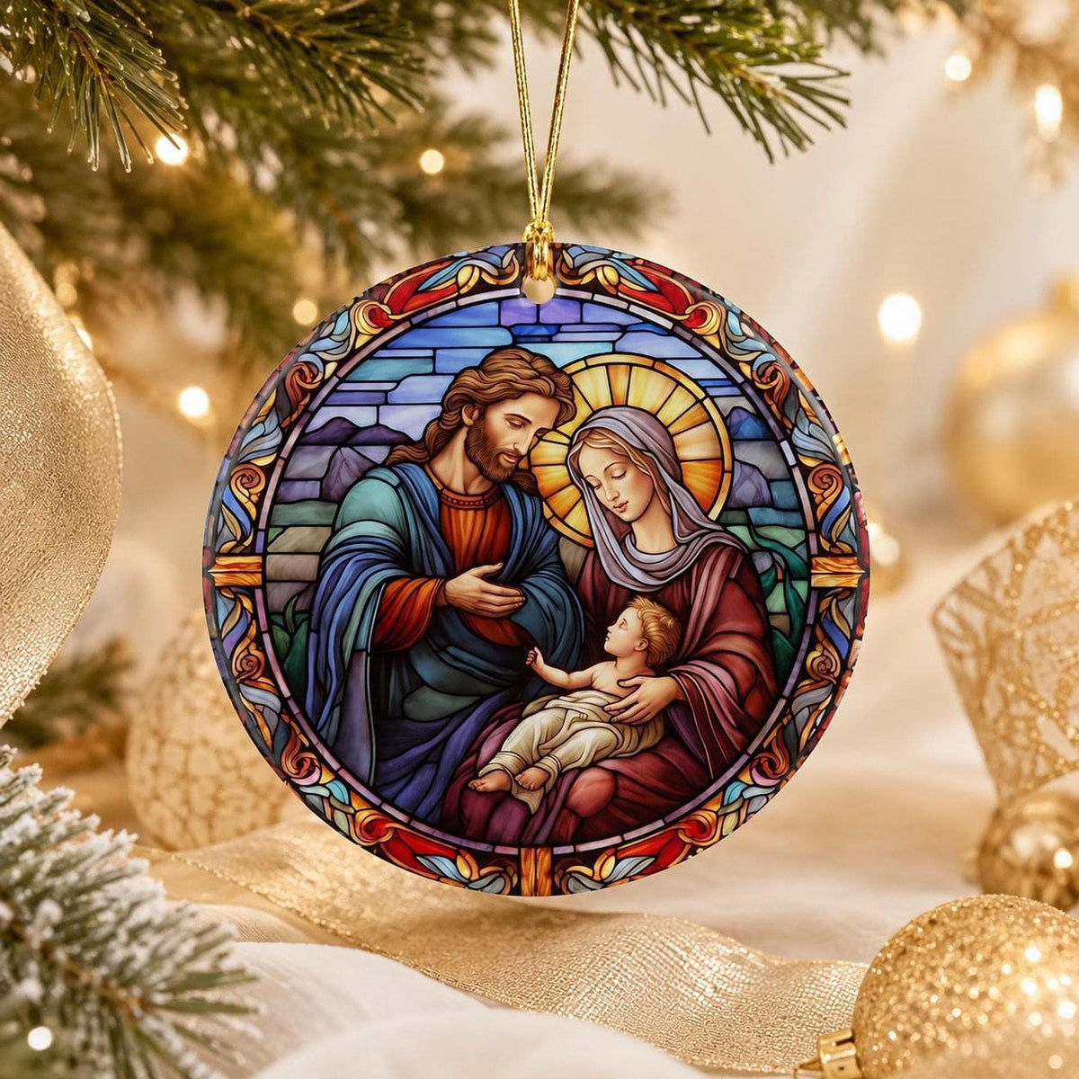 Nativity Ornament, Glossy Ceramic Christmas Keepsake with Optional Personalization