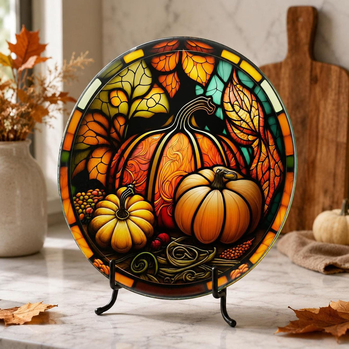Glass Cutting Board, Tempered Surface with Pumpkin Artwork, 8 or 12 Inches