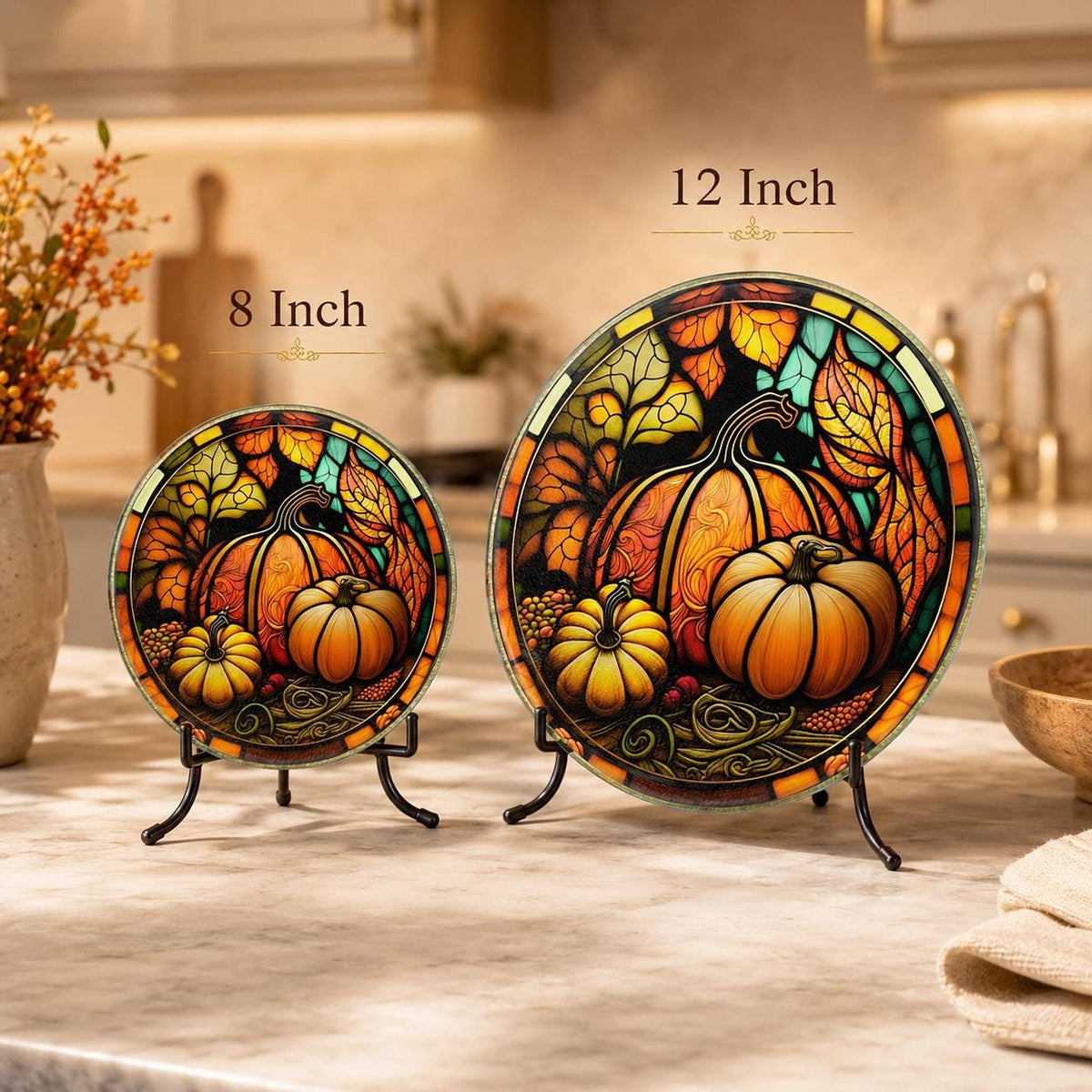 Glass Cutting Board, Tempered Surface with Pumpkin Artwork, 8 or 12 Inches