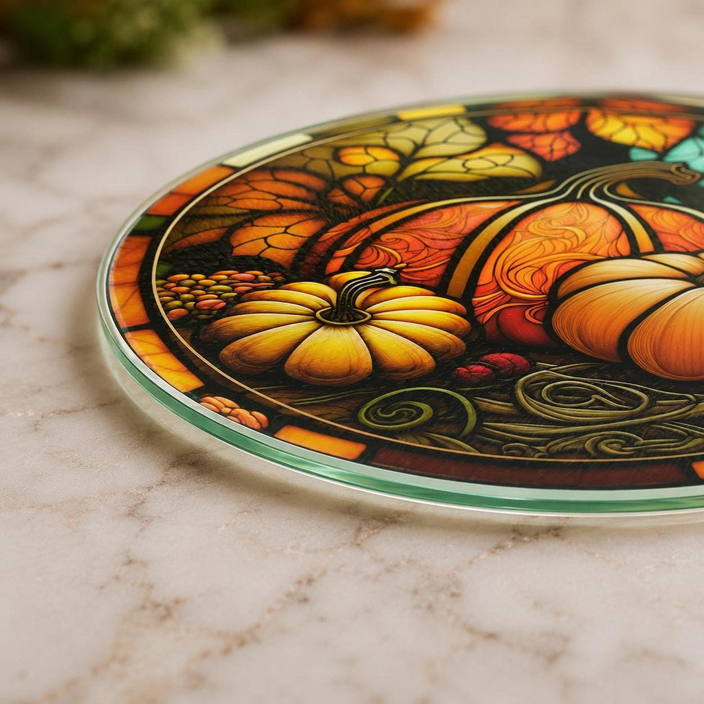 Glass Cutting Board, Tempered Surface with Pumpkin Artwork, 8 or 12 Inches