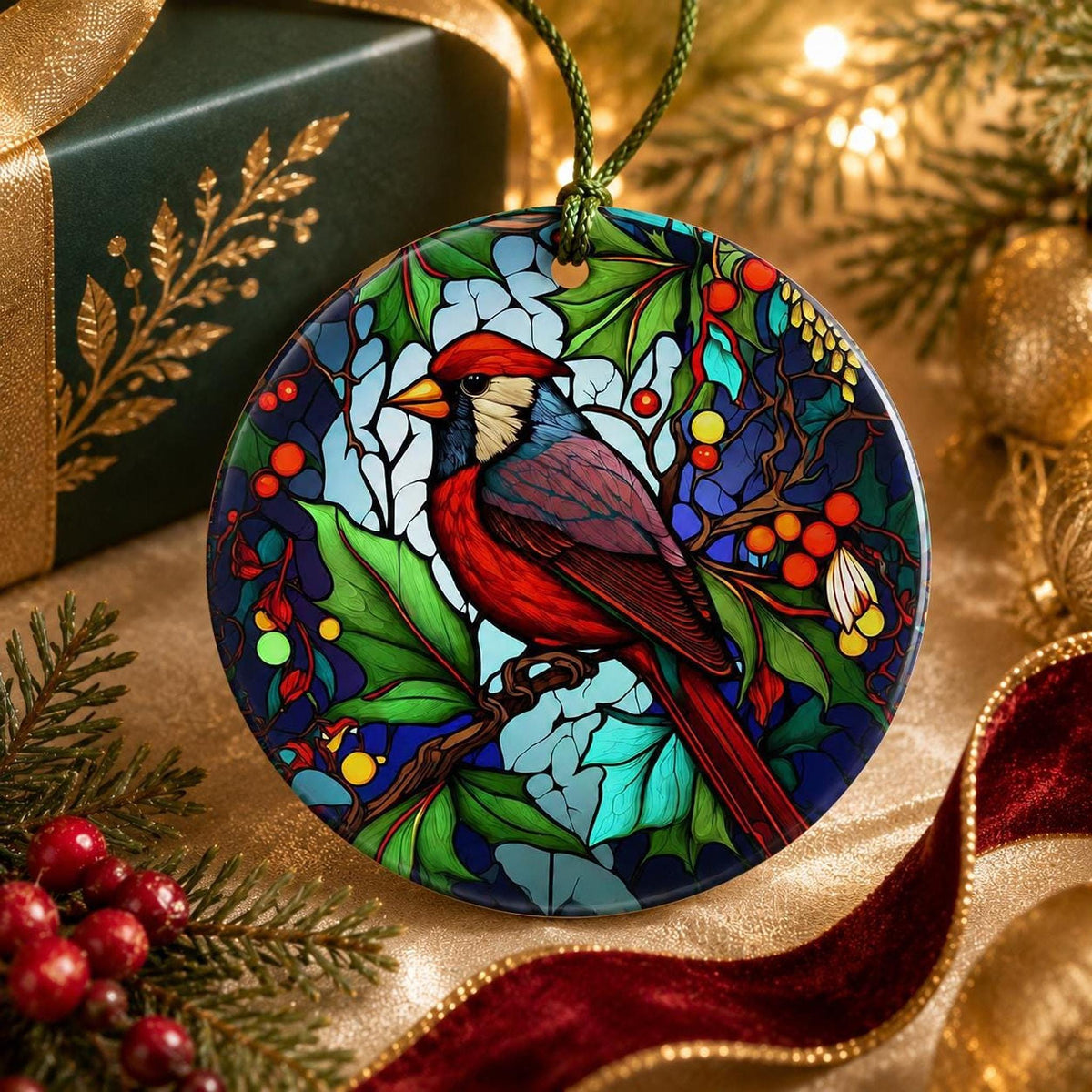 Cardinal Ornament, 3-Inch Round Ceramic Memorial Keepsake, Red Bird Decor