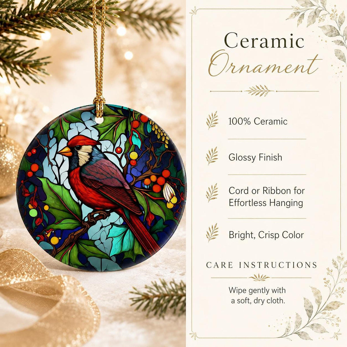 Cardinal Ornament, 3-Inch Round Ceramic Memorial Keepsake, Red Bird Decor