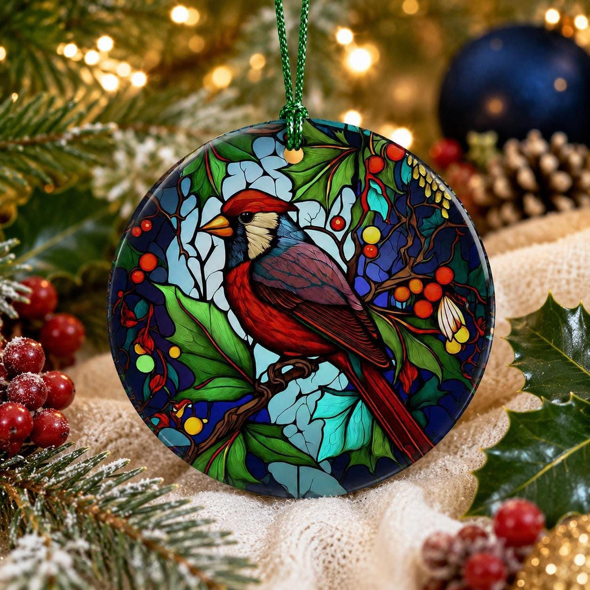 Cardinal Ornament, 3-Inch Round Ceramic Memorial Keepsake, Red Bird Decor