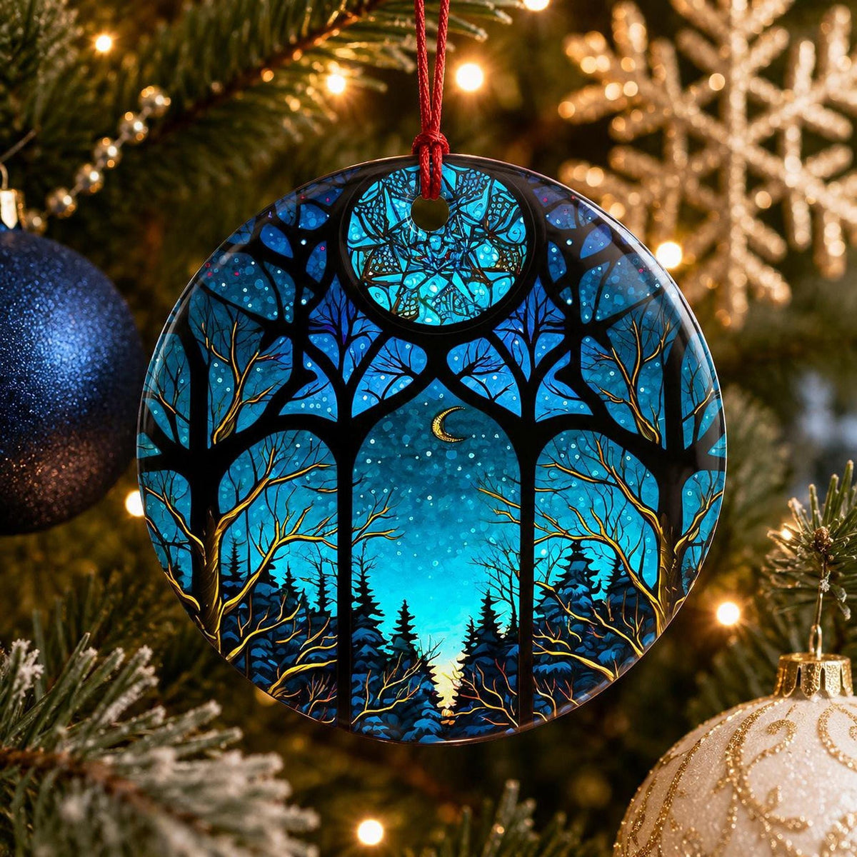 Crescent Moon Decor, Blue Woodland Ceramic Christmas Ornament