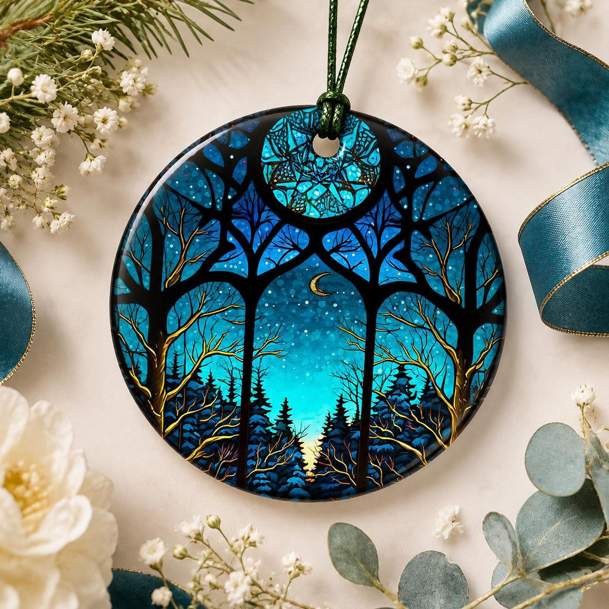 Crescent Moon Decor, Blue Woodland Ceramic Christmas Ornament